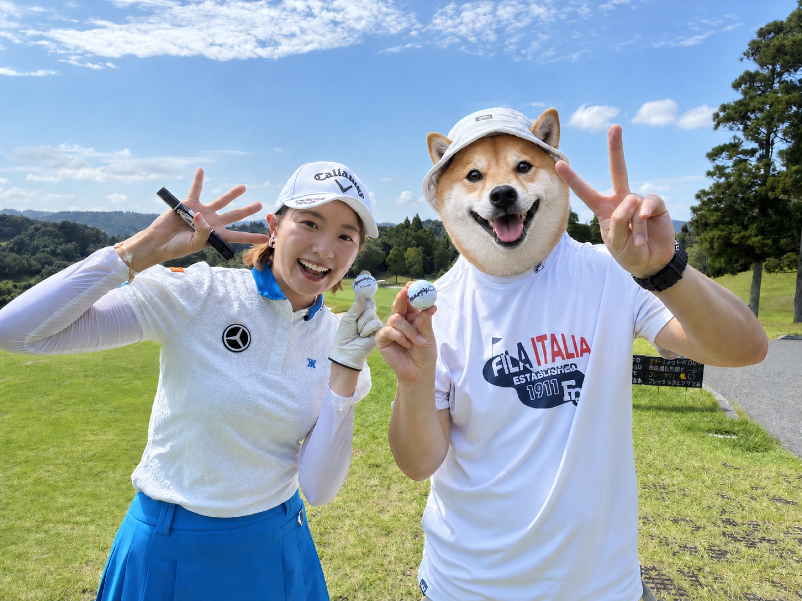 コース上で三浦桃香プロとサイン入りボールを持って記念撮影